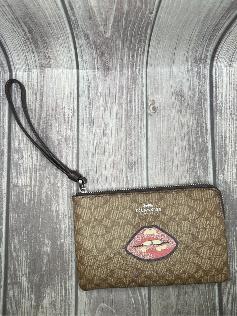 Coach Brown Signature Canvas Wristlet with Pink Lip Patch - Picture 5 of 15